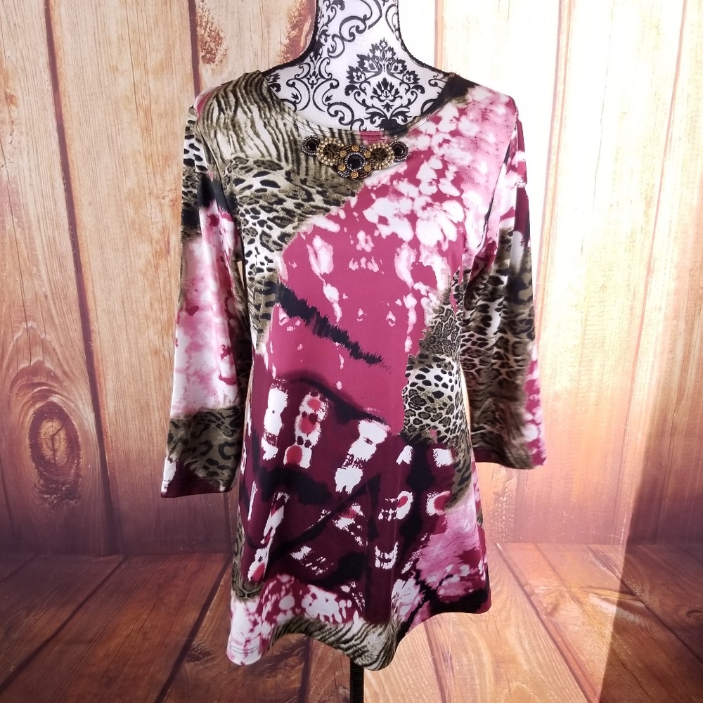 Max & Rina Pink/Brown Mixed Print Tunic sz M B57